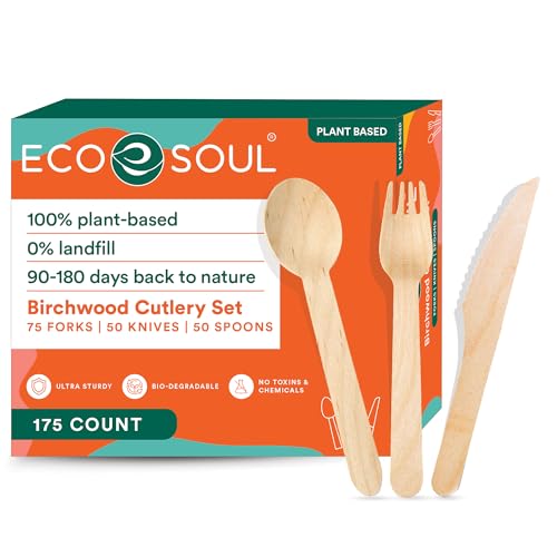ECO SOUL 100% Compostable Cutlery Disposable Wooden Cutlery Set (175 Stück (75 Gabeln, 50 Löffel, 50 Messer)) von ECO SOUL