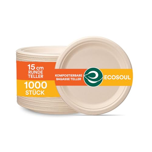 ECO SOUL 15Cm Kompostierbare Teller (1000 Stück) | 100% Biologisch Abbaubar | Einweg & Umweltfreundlich | Robuste Teller aus Zuckerrohr | Ideal für Vorspeisen, Snacks & To-go von ECO SOUL