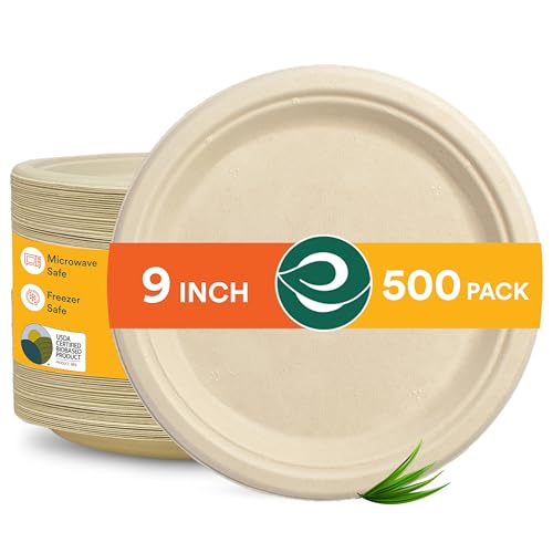 ECO SOUL 23cm Runde Einwegteller [500 Stück] | 100 % Kompostierbare Bagasse Teller aus Zuckerrohr | Biologisch Abbaubar, Umweltfreundlich, Mikrowellengeeignet & Stabil von ECO SOUL