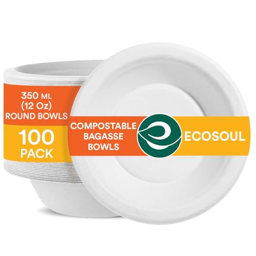 ECO SOUL Pearl White 100% Kompostierbare 350ml Bagasse Papierschüsseln (100 Stück), Biologisch abbaubares, Robustes und Umweltfreundliches Einweggeschirr, Suppenschalen Einweg von ECO SOUL