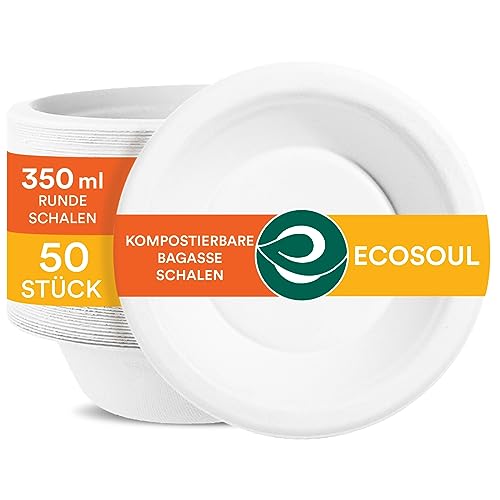 ECO SOUL Pearl White 100% Kompostierbare 350ml Bagasse Papierschüsseln (50 Stück), Biologisch abbaubares, Robustes und Umweltfreundliches Einweggeschirr, Suppenschalen Einweg von ECO SOUL