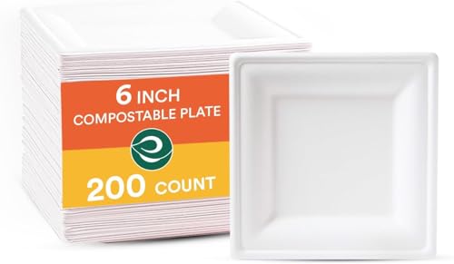 ECO SOUL Pearl White Square 6” (15cm) Bagasse Pappteller (200 Stück) Einweggeschirr und 100% Kompostierbares, Umweltfreundlich Partygeschirr, Robust Campinggeschirr, Mikrowellen- und Ofenfest von ECO SOUL