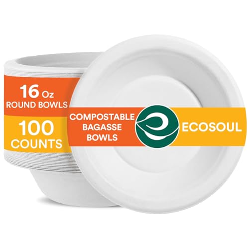 ECO SOUL Pearl White 16 Oz [100-Pack] Bagasse Paper Bowls (PFAS free) | Biodegradable 100% Compostable | Microwavable | Hot & Cold Safe | Small Servings | Eco-Friendly Disposable Heavy Duty Bowls von ECO SOUL