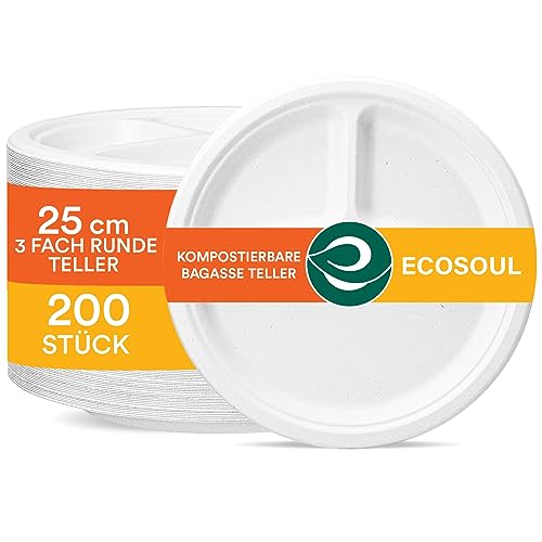 ECO SOUL [25 cm, 200 Stück, 3-geteilt | Kompostierbare Bagasse Teller rund | Umweltfreundliche Einweg-Teller biologisch abbaubar | Für Party, Hochzeit, Events von ECO SOUL