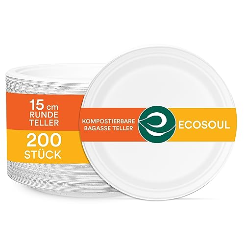 ECO SOUL Pearl White Runde 15cm Bagasse Pappteller (200 Stück), Einweggeschirr und 100% Kompostierbares, Umweltfreundlich Partygeschirr, Robust Campinggeschirr, Mikrowellen- und Ofenfest von ECO SOUL