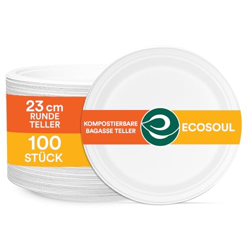 ECO SOUL Pearl White Runde 23cm Bagasse Pappteller (100 Stück), Einweggeschirr und 100% Kompostierbares, Umweltfreundlich Partygeschirr, Robust Campinggeschirr, Mikrowellen- und Ofenfest von ECO SOUL