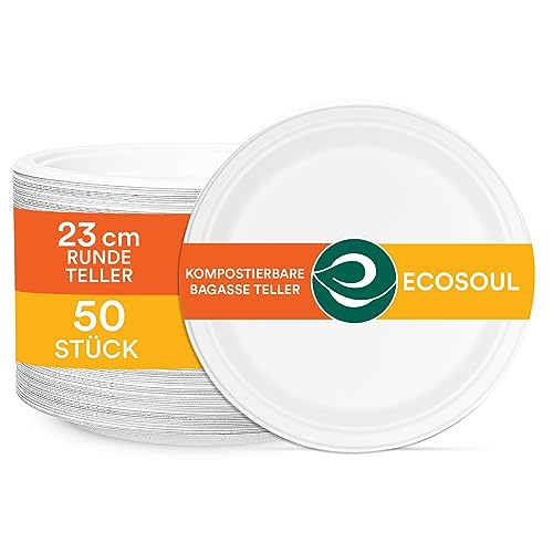 ECO SOUL Pearl White Runde 23cm Bagasse Pappteller (50 Stück), Einweggeschirr und 100% Kompostierbares, Umweltfreundlich Partygeschirr, Robust Campinggeschirr, Mikrowellen- und Ofenfest von ECO SOUL