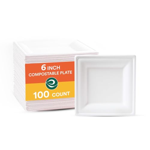 ECO SOUL Pearl White Square 6” (15cm) Bagasse Pappteller (100 Stück) Einweggeschirr und 100% Kompostierbares, Umweltfreundlich Partygeschirr, Robust Campinggeschirr, Mikrowellen- und Ofenfest von ECO SOUL