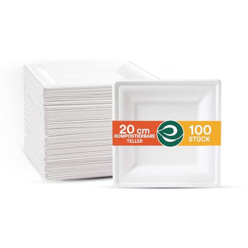 ECO SOUL Pearl White Square 8” (20cm) Bagasse Pappteller (100 Stück) Einweggeschirr und 100% Kompostierbares, Umweltfreundlich Partygeschirr, Robust Campinggeschirr, Mikrowellen- und Ofenfest von ECO SOUL
