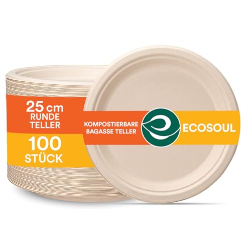 ECO SOUL Runde 10” (25cm) Bagasse Pappteller Set Beige (100 Stück) Einweggeschirr und 100% Kompostierbares, Umweltfreundlich Partygeschirr, Robust Campinggeschirr, Mikrowellen- und Ofenfest von ECO SOUL