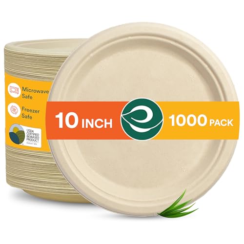 ECO SOUL Runde 10” (25cm) Bagasse Pappteller Set Beige (1000 Stück) Einweggeschirr und 100% Kompostierbares, Umweltfreundlich Partygeschirr, Robust Campinggeschirr, Mikrowellen- und Ofenfest von ECO SOUL