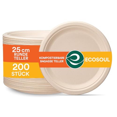 ECO SOUL 100% Kompostierbare 25 cm Pappteller – 200 Stück | Biologisch abbaubare Bagasse Teller | Umweltfreundlich, Stabil & Schwer belastbar | Mikrowellen- & Ofenfest von ECO SOUL