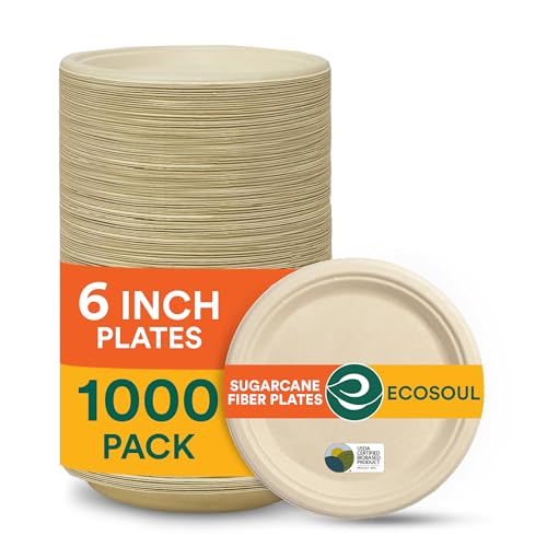 ECO SOUL Runde 6” (15cm) Bagasse Pappteller Set Beige (1000 Stück) Einweggeschirr und 100% Kompostierbares, Umweltfreundlich Partygeschirr, Robust Campinggeschirr, Mikrowellen- und Ofenfest von ECO SOUL