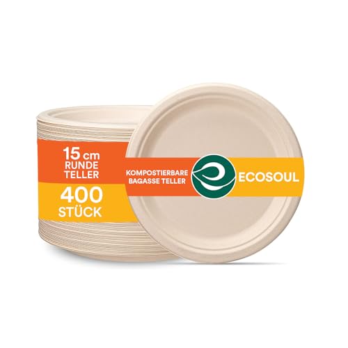 ECO SOUL 15Cm Kompostierbare Teller (400 Stück) | 100% Biologisch Abbaubar | Einweg & Umweltfreundlich | Robuste Teller aus Zuckerrohr | Ideal für Vorspeisen, Snacks & To-go von ECO SOUL