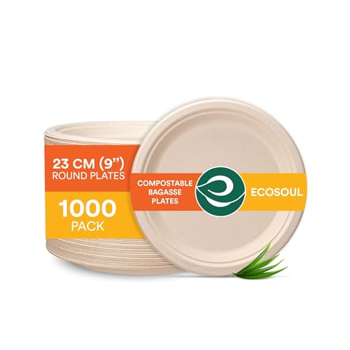 ECO SOUL Runde 9” (23cm) Bagasse Pappteller Set Beige (1000 Stück) Einweggeschirr und 100% Kompostierbares, Umweltfreundlich Partygeschirr, Robust Campinggeschirr, Mikrowellen- und Ofenfest von ECO SOUL