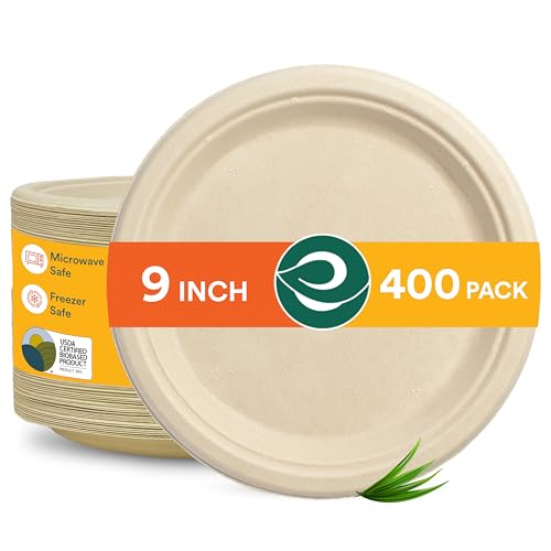 ECO SOUL 23 cm Runde Einwegteller [400 Stück] | 100 % Kompostierbare Bagasse Teller aus Zuckerrohr | Biologisch Abbaubar, Umweltfreundlich, Mikrowellengeeignet & Stabil von ECO SOUL