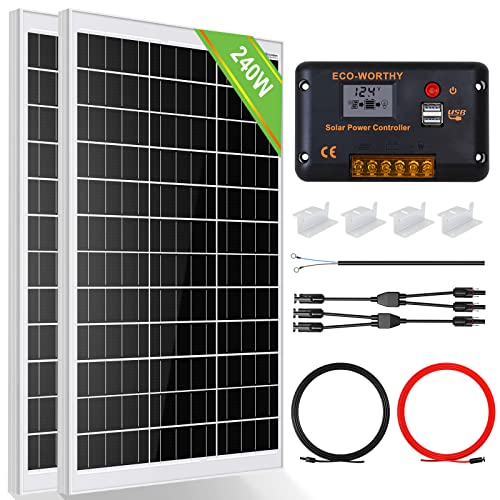 ECO-WORTHY 1 kW·h/Tag Solarpanel Kit 240 Watt 12 Volt Solarsystem für netzunabhängige Haushalte Wohnmobile: 2 * 120W monokristallines Solarmodul + 30A Laderegler + Solarkabel + Z-Halterung von ECO-WORTHY