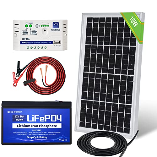 ECO-WORTHY 10 Watt 12V netzunabhängiges Solarpanel Kit mit Lithiumbatterie: 10W Solarpanel + Batterieclip-Kabel + 10A Ladregler + 8ah LiFePO4 Akku für Handy Auto Wohnmobil Camping im Freien von ECO-WORTHY