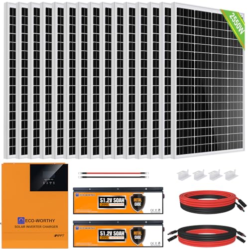 ECO-WORTHY 10.2KWH 2500W 48V Solaranlage Komplettset mit LiFePO4 für Netzunabhängige System,Wohnmobil: 15 * 170W Solarpanel+ 2 * 48V 50Ah LiFePO4+5000W 48V Hybrid Inverter von ECO-WORTHY