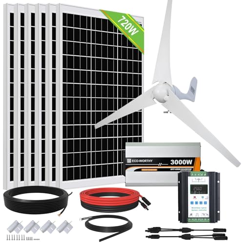 ECO-WORTHY 1120W 24V Solar Wind Wechselrichter Strom Kit: 400W Windturbine Generator + 6 Stücke 120W Solarpanel + 3000W 24V Sinuswechselrichter + Hybrid Laderegler für Haushalt netzunabhängiges System von ECO-WORTHY