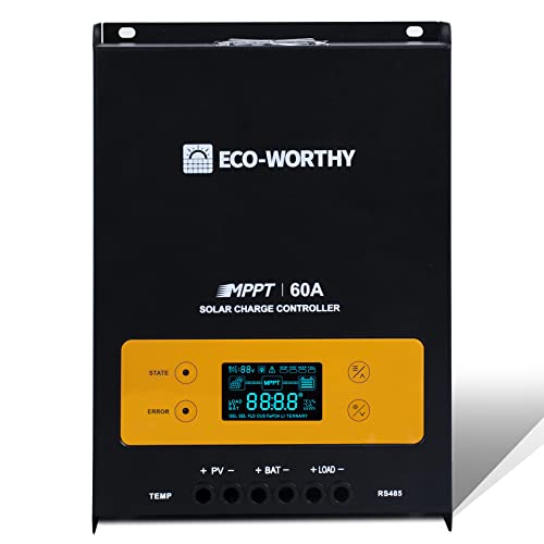 ECO-WORTHY 60A MPPT Solarladeregler 12/24/36/48V DC Eingang & Digital OLCD Display & Temp Sensor & Mount Ground, 99% Ladeeffizienz Solarregler für Lithium / GEL / Flooded Batterie, USB-RJ45 von ECO-WORTHY