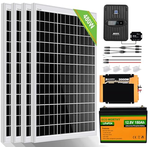 ECO-WORTHY 2 kW·h Solarsystem 480W 12V mit Wechselrichter und Batterie Netzunabhängig für Wohnmobil: 4 Stücke 120W Solarmodul + 40A MPPT Laderegler +150Ah Lithiumbatterie + 2000W Wechselrichter von ECO-WORTHY