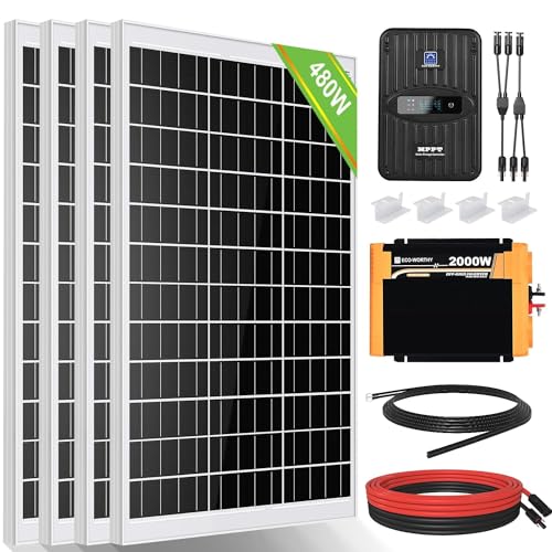 ECO-WORTHY 2 kwh Solarsystem 480W 12V mit Wechselrichter und Batterie Netzunabhängig für Wohnmobil: 4 Stücke 120W Solarmodul + 40A MPPT Laderegler+Bluetooth Modul +2000W DC 12V AC 230V Wechselrichter von ECO-WORTHY