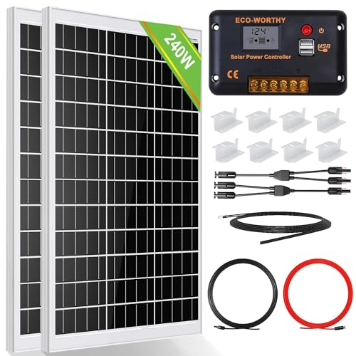 ECO-WORTHY 240 Watt Solarpanel kit Off-Grid System: 2 Stück 120W monokristalline Solarmodule mit 30A LCD Laderegler + 5m Solarkabel + Montageklammern für Wohnmobil, Camping von ECO-WORTHY