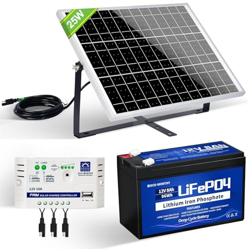 ECO-WORTHY 25W 12V netzunabhängiges Solarpanel Kit mit Lithiumbatterie: 25W Solarmodul + Batterieclip-Kabel + 10A Ladregler + 8ah LiFePO4 Akku für Hühnerstall Handy Auto Wohnmobil Camping im Freien von ECO-WORTHY