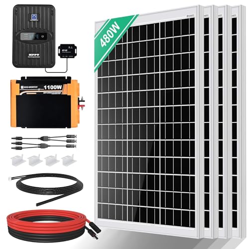 ECO-WORTHY 2KWH Solaranlage Komplettset 480W 12Volt für RV Off Grid mit Batterie und Wechselrichter: 480W Solarpanel+ 40A MPPT Laderegler +1100W Wechselrichter von ECO-WORTHY