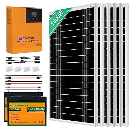 ECO-WORTHY 4 kW·h Solaranlage Komplettset Netzunabhängige,1000W 24V Solarpanel System mit LiFePO4 für Wohnmobil: 6 * 170W Solarpanel + 2 * 100Ah LiFePO4 +3000W 24V Hybrid Inverter von ECO-WORTHY