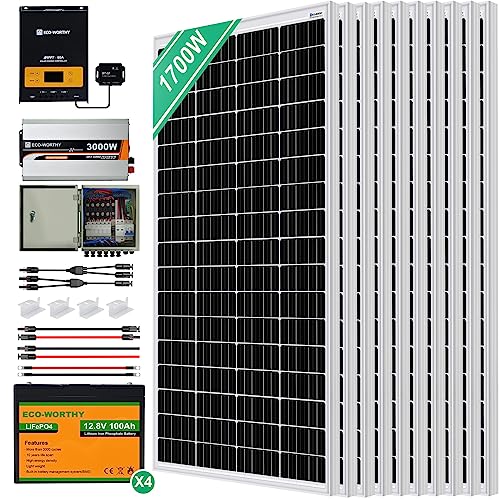 ECO-WORTHY 6,8 kWh/Tag Solaranlage Komplettanlage,1700W Solarpanel System mit LiFePO4 für Netzunabhängige Haushalte:10 * 170W Solarpanel+2 * 100Ah LiFePO4+3KW Hybrid Inverter+ 60A MPPT Laderegler von ECO-WORTHY