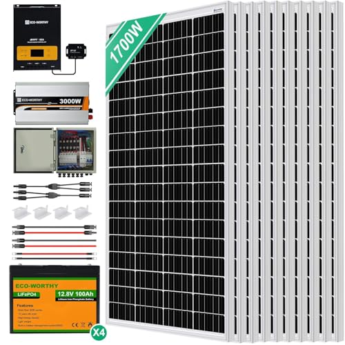 ECO-WORTHY 6,8 kWh Solarsystem 1700W 24V mit Wechselrichter und Batterie netzunabhängig für Wohnmobil: 10 170W Solarmodul + 60A Laderegler + 4 Stücke 100Ah Lithiumbatterie+ 3000W von ECO-WORTHY