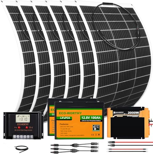 ECO-WORTHY 780W 12V Komplettes Flexibles Netzunabhängiges Solarpanel Kit: 6 * 130W Solarmodul + 2 * 100Ah Litthiumbatterie + 2000W 12V Sinuswechselrichter + 60A Laderegler für Camper, Wohnmobil, Van von ECO-WORTHY