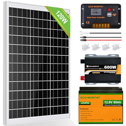 ECO-WORTHY 120W 12V Solarpanel Kit 0,5 kWh/Tag: 120 W Monokristallines Solarpanel + 50Ah LiFePO4 Lithium Batterie + 600W Wechselrichter + 30A Solarladeregler für Wohnmobile von ECO-WORTHY