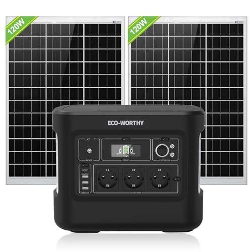 ECO-WORTHY 1000W Powerstation mit 2 * 120W Solarpanel, Powerbank mit 1024Wh LiFePO4 Akku, bis zu 2500W Leistung, Generatoren für Home Backup/Outdoor/Wohnmobile von ECO-WORTHY