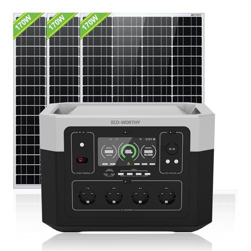 ECO-Worthy Tragbare Powerstation 2000W mit 510W Solarpanel, 48V 40Ah LiFePO4 Akku, Spitzenleistung bis zu 4000W，Generatoren mit 4 Steckdosen für Camping Mobilphone Laptop Reise Wohnmobil Notfall von ECO-WORTHY