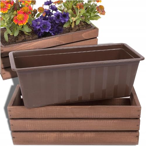 ECODECO Deko Holzkiste für Blumen | Kiste Holz 18x40x15 cm | Holzbox mit Plastic Insert | Blumentopf für Balkon Terrasse oder Garten | Braun Blumenkasten von ECODECO