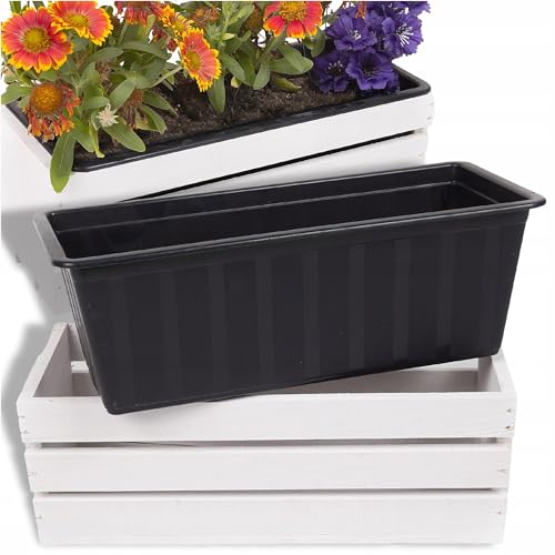 ECODECO Deko Holzkiste für Blumen | Kiste Holz 18x40x15 cm | Holzbox mit Plastic Insert | Blumentopf für Balkon Terrasse oder Garten | Weiß Blumenkasten von ECODECO