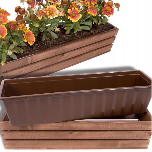 ECODECO Deko Holzkiste für Blumen | Kiste Holz 18x60x15 cm | Holzbox mit Plastic Insert | Blumentopf für Balkon Terrasse oder Garten | Braun Blumenkasten von ECODECO