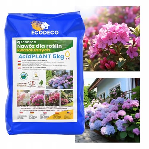 ECODECO Dünger Hortensien AcidPLANT | Dünger Rhododendron Blaubeeren Azaleen Magnolie | Langzeit Rasendünger für Säurepflanzen | Fokussiert Wirksamer 5kg von ECODECO