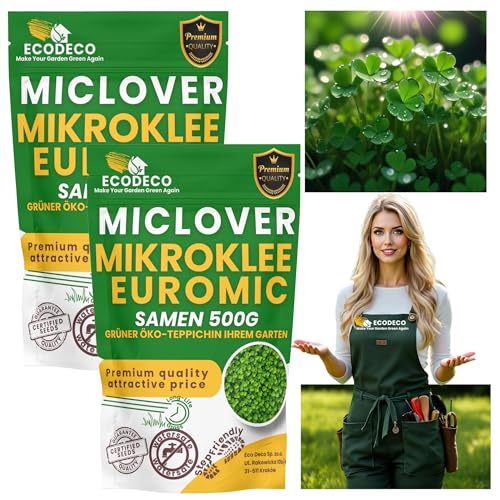 ECODECO Mikroklee Samen 1kg - Weiß Klee Samen - Clover Rasen Samen - Zwergklee für Gleichmäßiges und Grüner Gras - Microclover für Grassamen Saatgut - 800 m²mit Gras oder 400 m² Allein von ECODECO