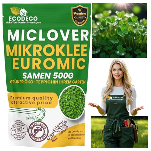 ECODECO Mikroklee Samen 500g - Weiß Klee Samen - Clover Rasen Samen - Zwergklee für Gleichmäßiges und Grüner Gras - Microclover für Grassamen Saatgut - 400 m²mit Gras oder 200 m² Allein von ECODECO