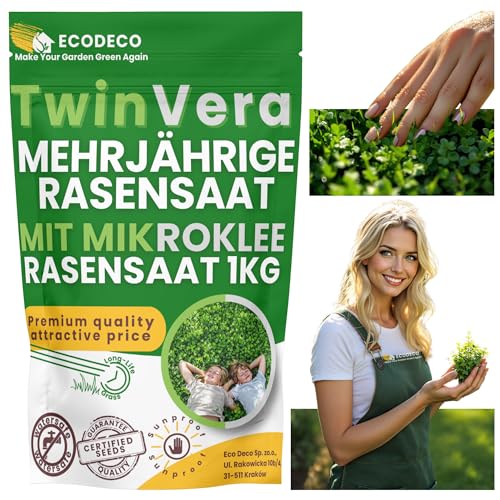 EcoDeco Mikroklee Samen Rasen - Klee Samen Mischung 1 kg für 40 m² - Geeignet für Trockene und Nährstoffarme Böden - Ideal für Zierrasen und Öffentliche Parks von ECODECO