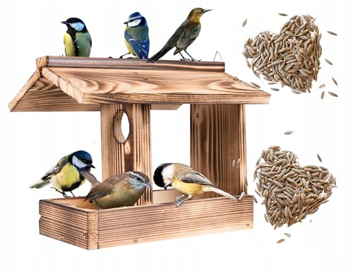 Ecodeco Wetterfest Vogelhaus zum Aufhängen Holz Verkohlt | Futterhaus für Vögel Hängend | Kompakte Futterhäuschen 23x21x19 cm | Vogelhaus mit Aufhängeschnur für Balkon oder Garten von ECODECO