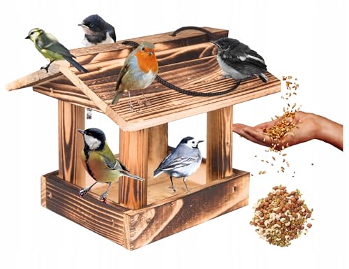 Ecodeco Wetterfest Vogelhaus zum Aufhängen Holz Verkohlt | Futterhaus für Vögel Hängend | Kompakte Futterhäuschen 23x22x18 cm | Vogelhaus mit Aufhängeschnur für Balkon oder Garten von ECODECO