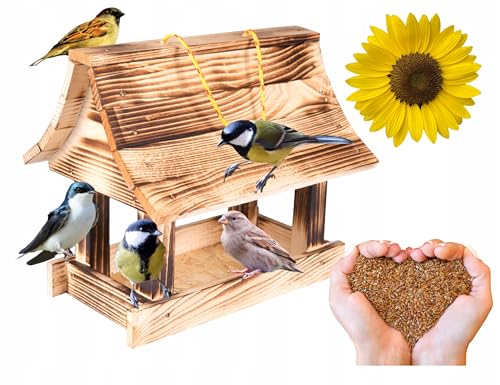 Ecodeco Wetterfest Vogelhaus zum Aufhängen Holz Verkohlt | Futterhaus für Vögel Hängend | Kompakte Futterhäuschen 30x23,5x30,5 cm | Vogelhaus mit Aufhängeschnur für Balkon oder Garten von ECODECO