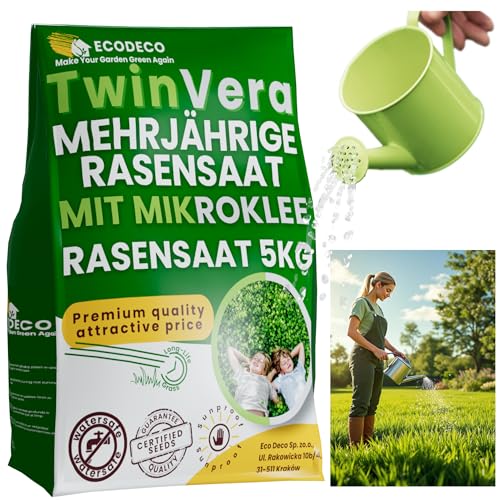 Rasensamen mit Mikroklee Pipolina 5 kg für 200 m² – Trockenheitsresistenter, Selbstverdickender Rasen – Grassamen für die Nachsaat im Frühling von ECODECO