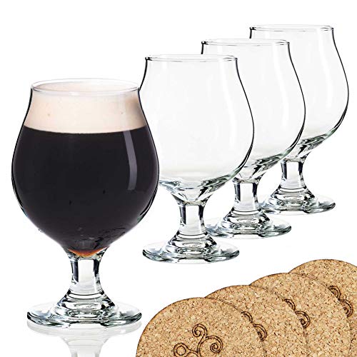 Libbey Bierglas im belgischen Stil mit Stieltulpe - 473 ml Lambische Biergläser - Set mit 4 Untersetzern von ECODESIGN-US