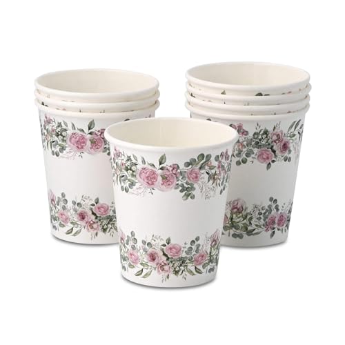 ECOFIESTA 24x Pappbecher für Geburtstage 200 ml Rosen & Eukalyptus - Papierbecher plastikfrei - Candybar Becher, Becher JGA von ECOFIESTA